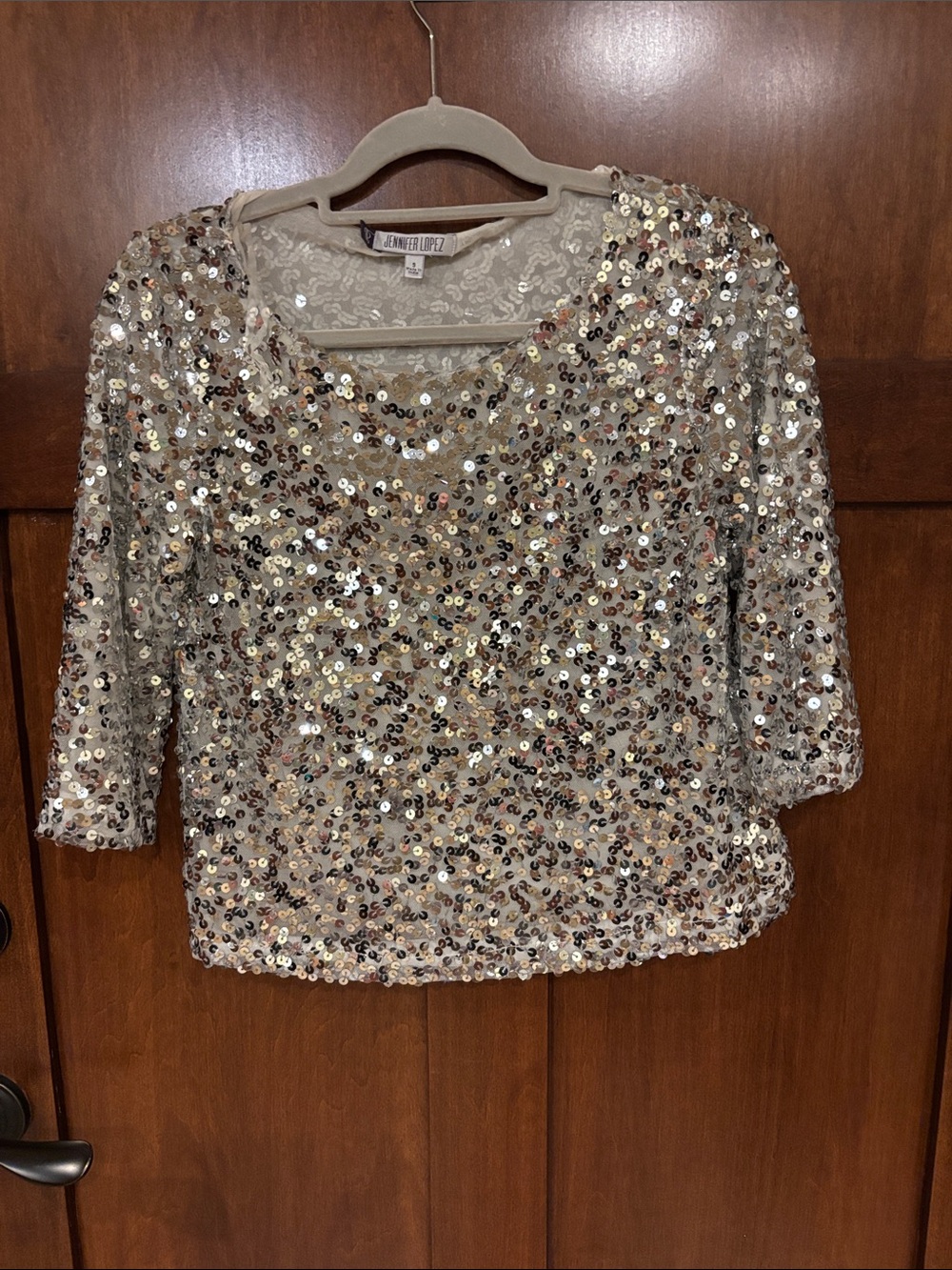 Jennifer Lopez Cropped Sequin Scoop-Neck Blouse